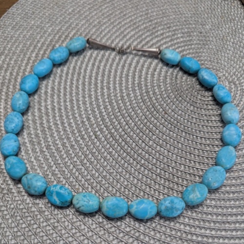 Turquoise Beaded Native American Necklace Silver Hook Closure Oval Stone