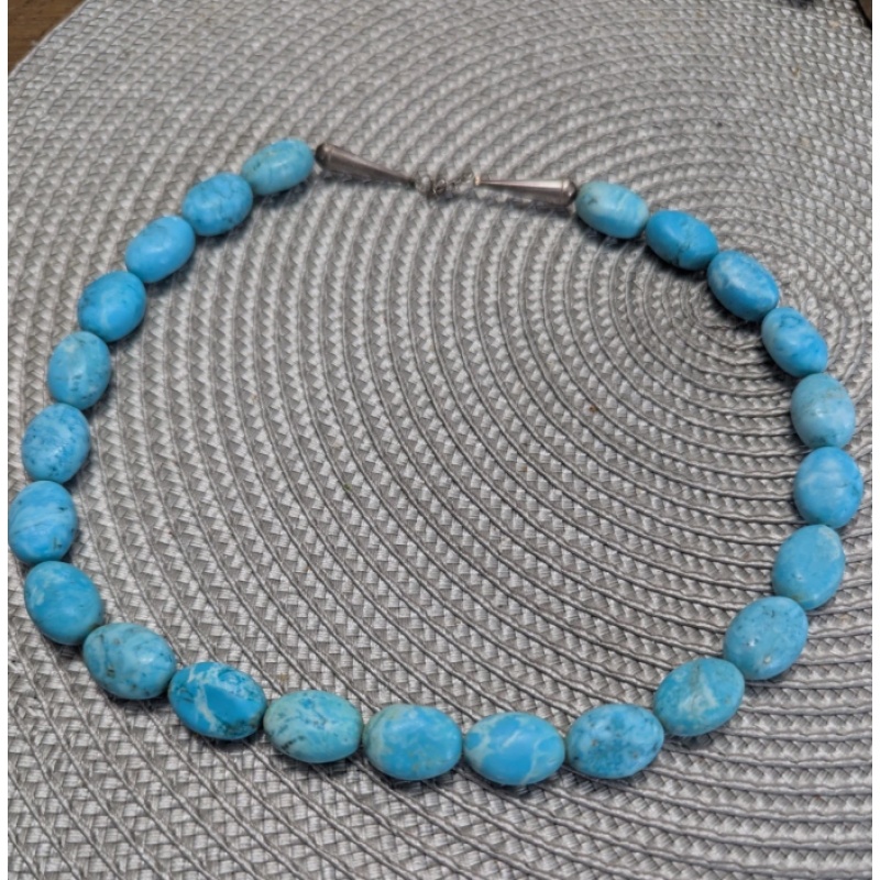 Turquoise Beaded Native American Necklace Silver Hook Closure Oval Stone