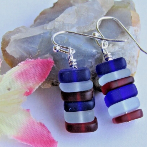 Handmade Stacked Red Blue & White Sea Glass Beach Stone Pebble Silver Earrings